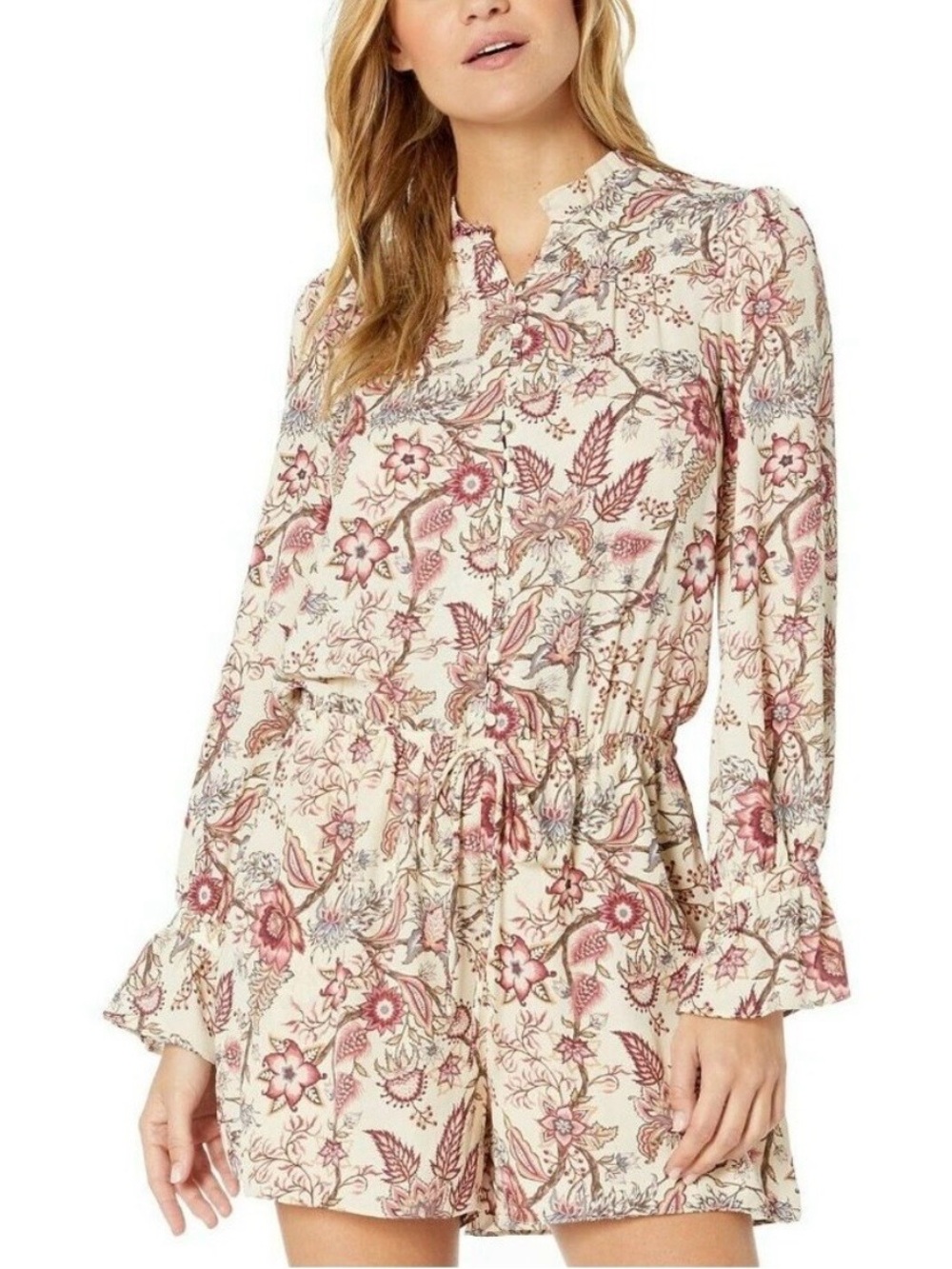 BCBGMaxAzria Cream Floral Printed poet Sleeve Romper